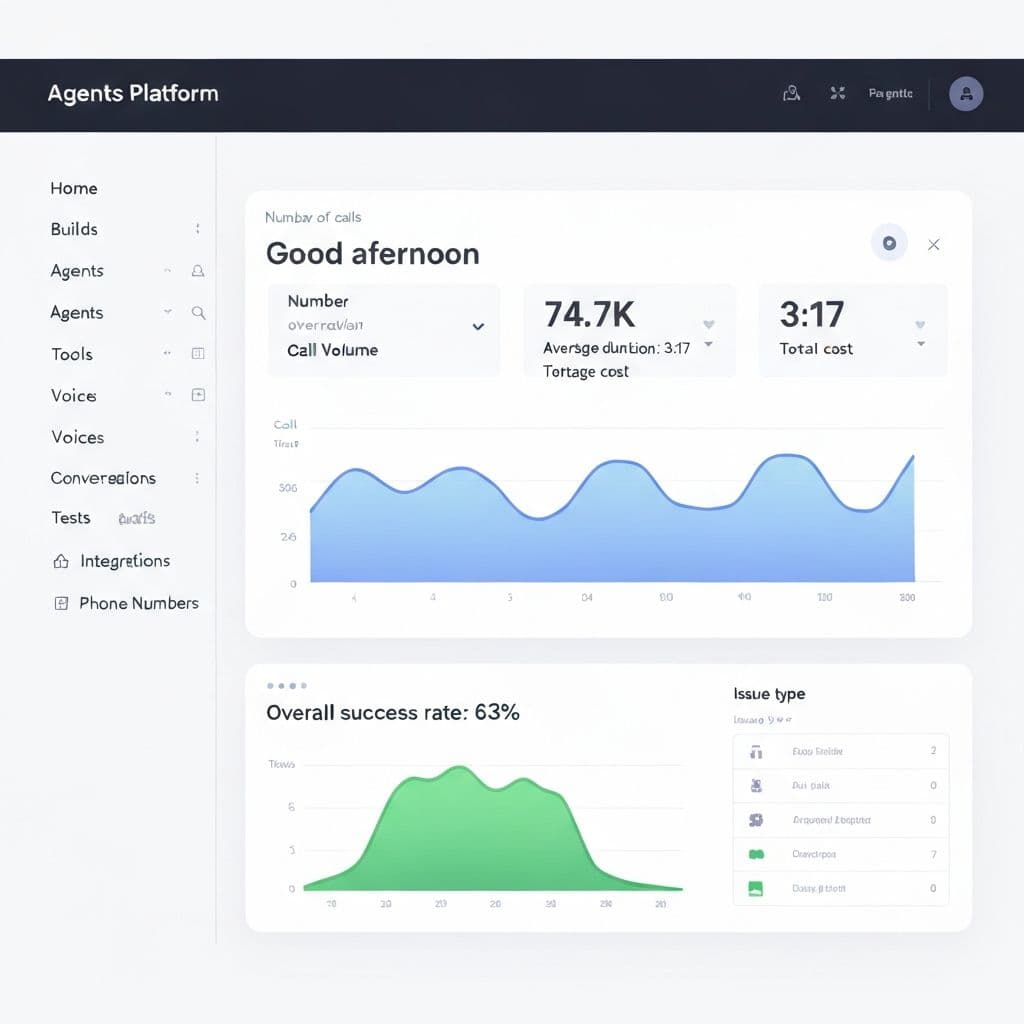 Agents Platform dashboard showing call analytics, success rates, and conversational agent monitoring