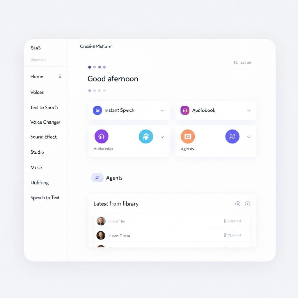 Creative Platform dashboard showing voice generation tools, text to speech interface, and voice library